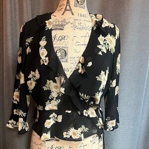 Bardot Black and Cream Floral Wrap Blouse